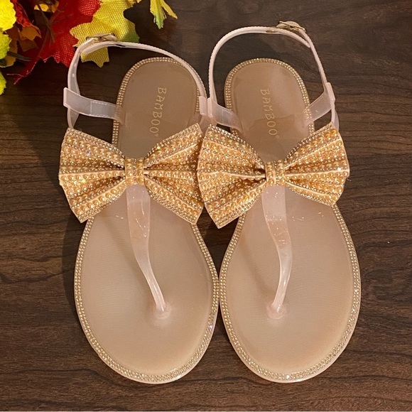 BAMBOO Rose Gold/ Nude Pearl Bow Sparkle Jelly Thong Sandal size 10 - Picture 8 of 8
